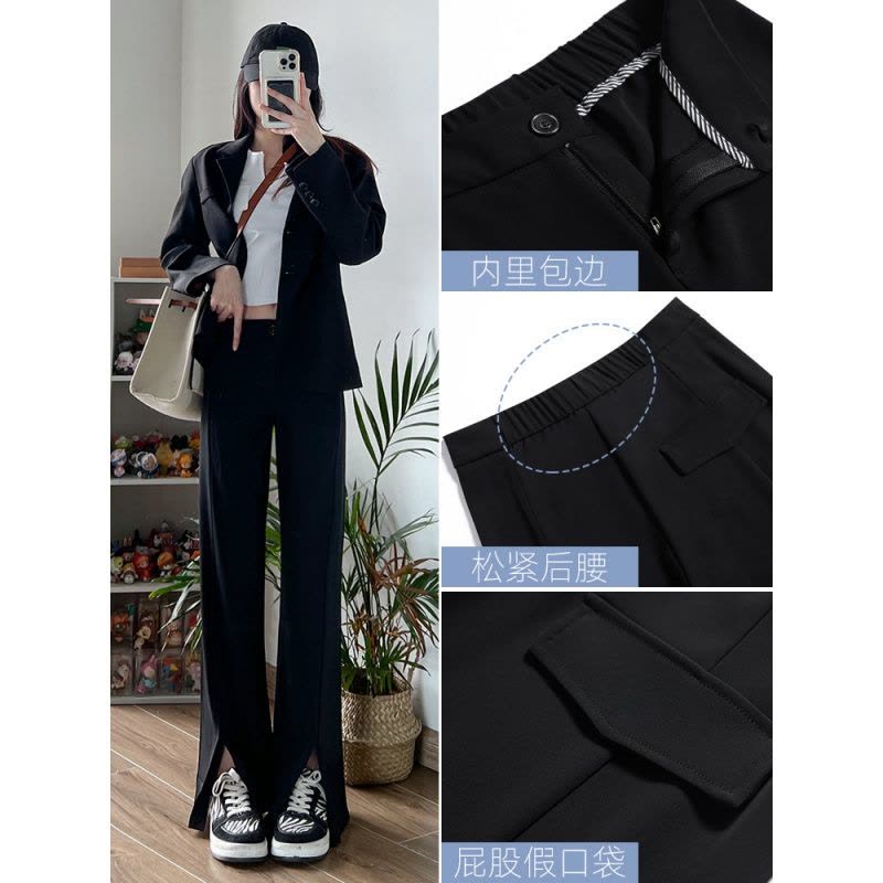 Ceba白色开叉阔腿裤女夏季薄款高腰垂感直筒西装小个子休闲微喇叭西裤图片