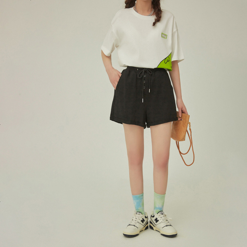 OtherMix高腰运动短裤2021年夏季新款韩版排扣系带薄款休闲裤子女