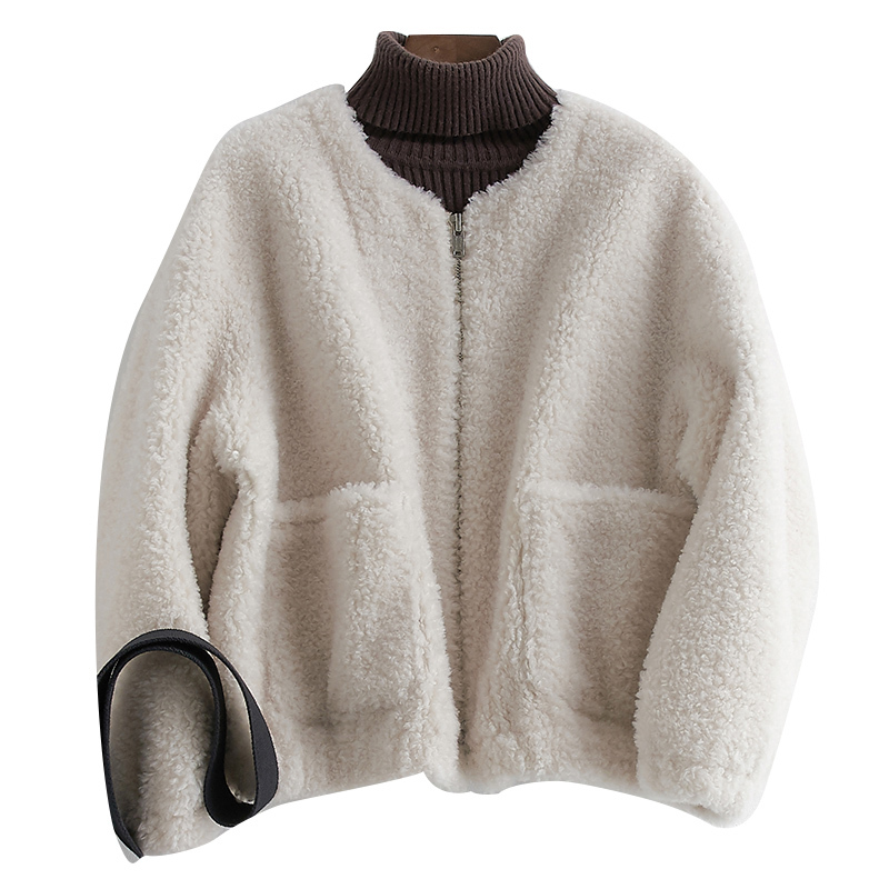 兰奥海宁颗粒羊毛皮外套女短款时尚简约羊剪绒大衣视频