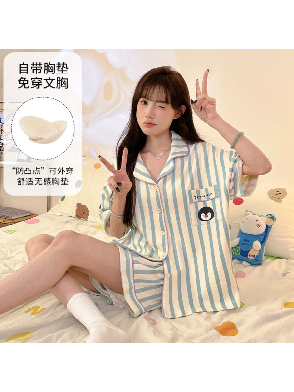 带胸垫夏季女仿棉开衫短袖宽松加大码翻领韩版卡通休闲家居服套装