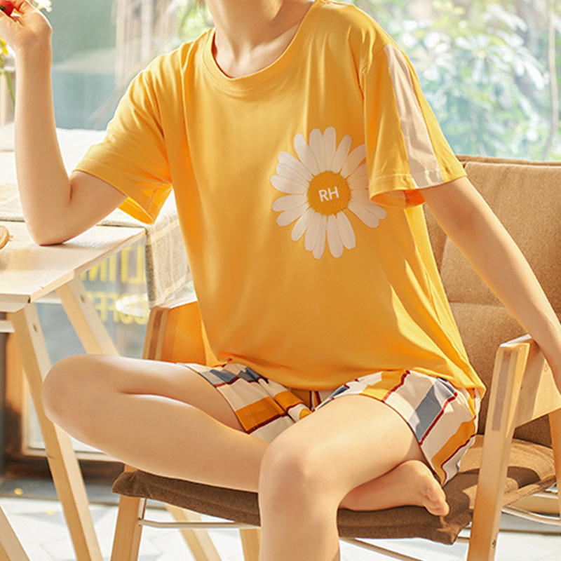 卡帝乐鳄鱼(CARTELO)夏季睡衣女款纯棉短袖短裤两件套可爱清新休闲家居服
