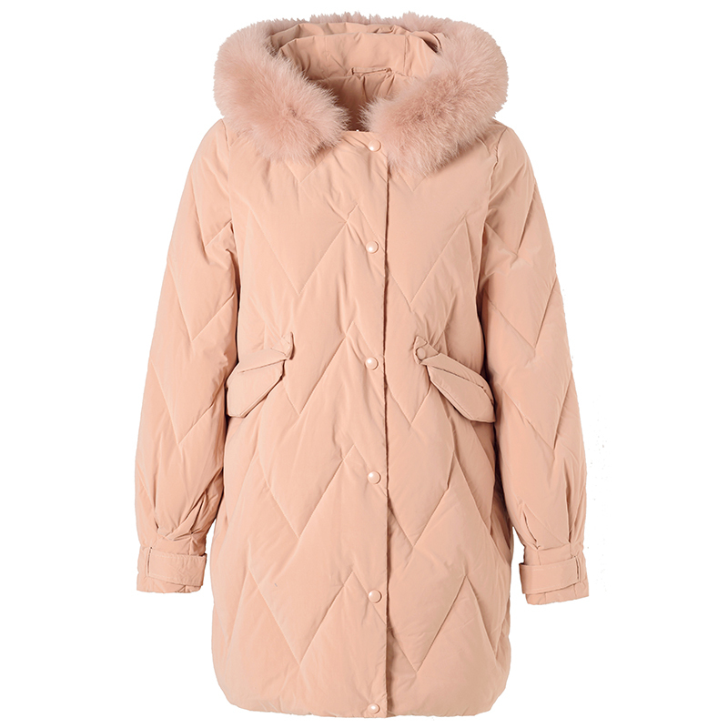 三彩冬季新款狐狸毛领中长款羽绒服白鸭绒厚外套