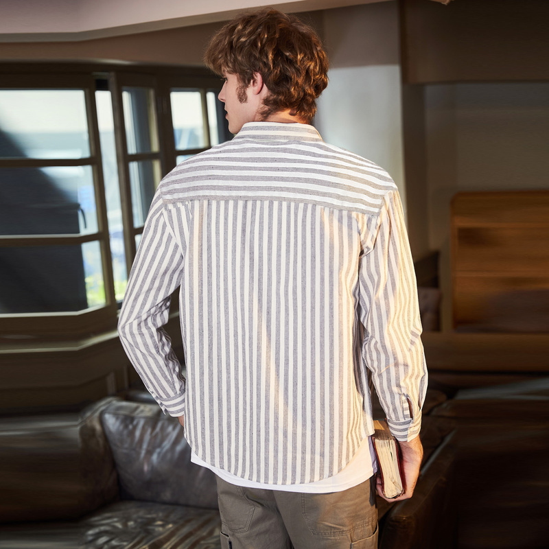 唐狮秋季新款灰色粗条纹衬衫男长袖学生清新日系竖条纹外穿衬衣潮