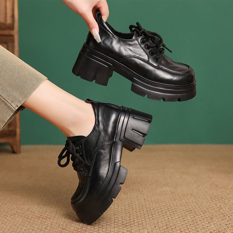 头层牛皮英伦风松糕厚底小皮鞋女2025春季新款时尚百搭系带单鞋图片