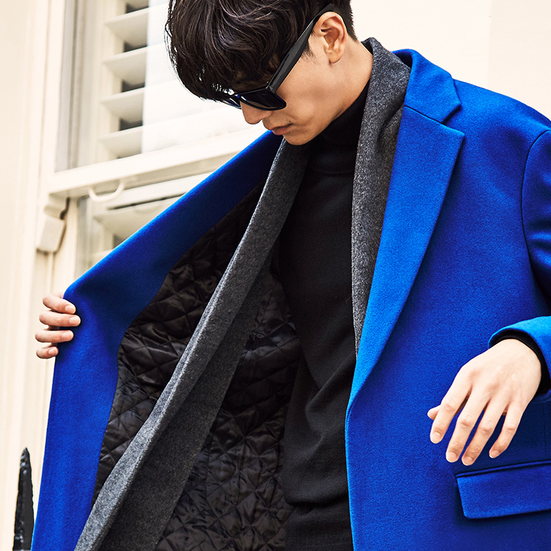 太平鸟冬季新款宝蓝色羊毛优雅潮流呢大衣男