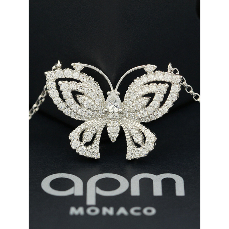 apm MONACO蝴蝶925银项链时尚高贵镶晶钻锁骨颈链女士百搭毛衣链奢华贵族AC4070OX