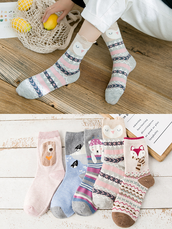 初愫秋冬日系卡通学院风中筒优质棉女袜子5双装