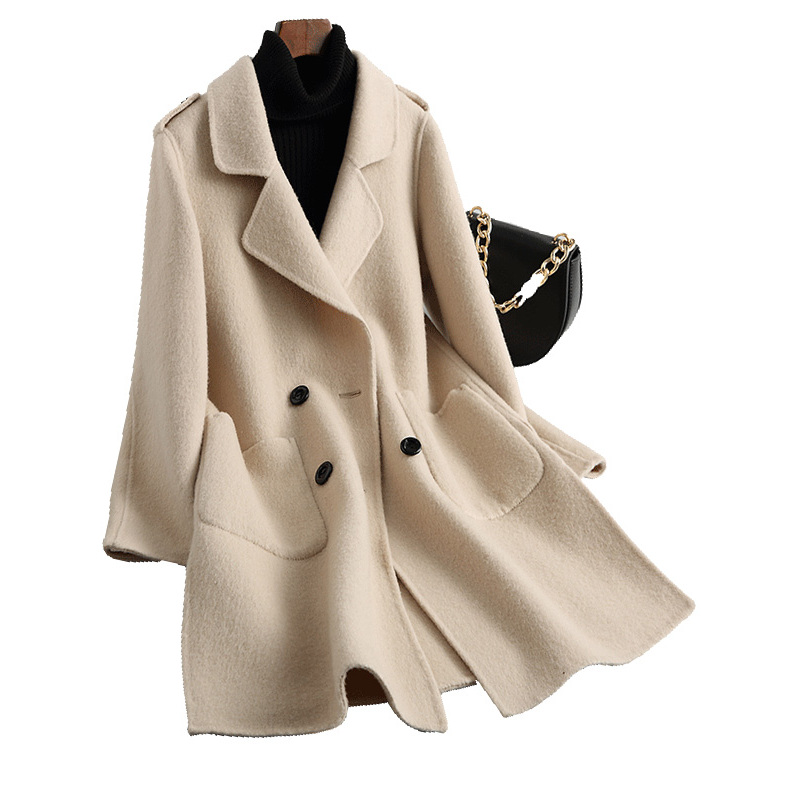 兰奥双排扣双面羊毛大衣女海宁修身毛呢外套中长款
