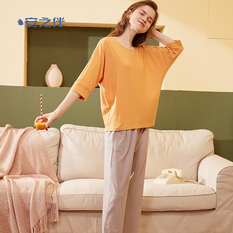 安之伴睡衣女圆领多色过肩袖套装针织提条素色七分袖可外穿女士家居服 深杏 S