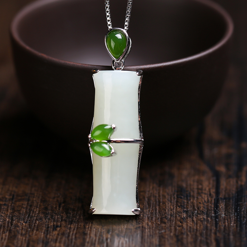 印象眸s925银镶和田玉节节高吊坠女款玉石镶嵌竹子挂件附送证书