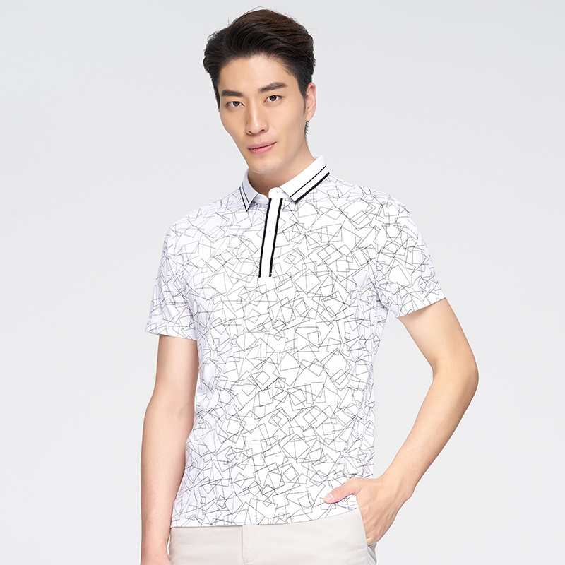 才子男装2018夏季新款男士青年休闲几何印花翻领丝光棉t恤polo衫
