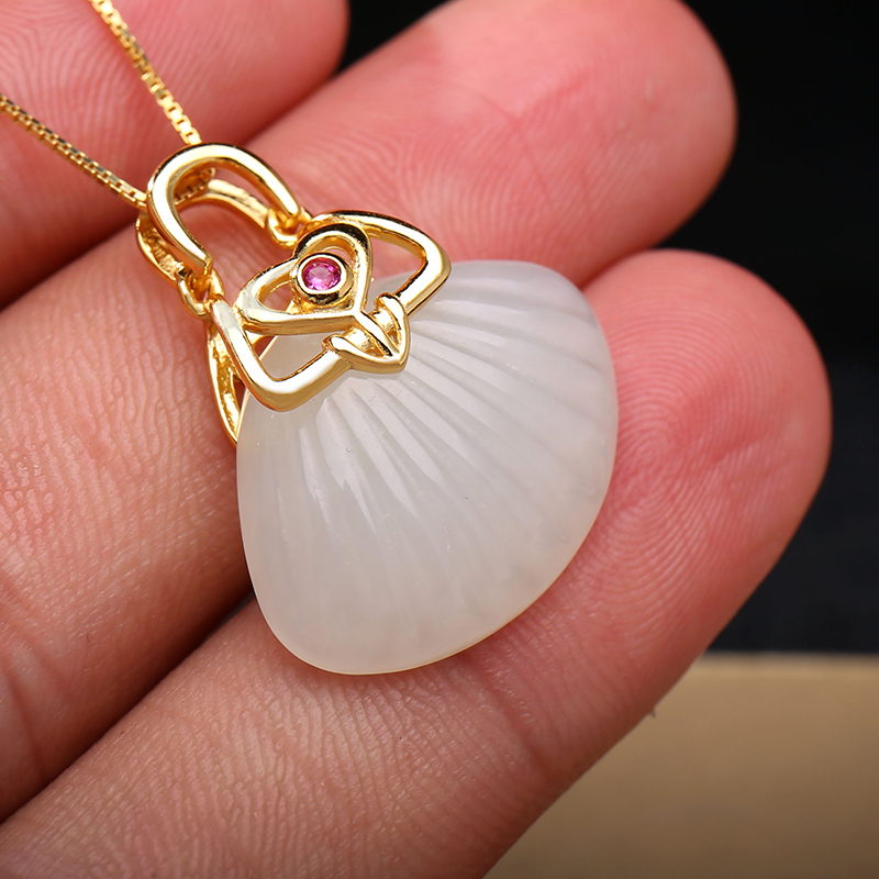 印象眸s925银镶和田玉辈辈有福吊坠银镶嵌白玉贝壳古风玉石挂件附送