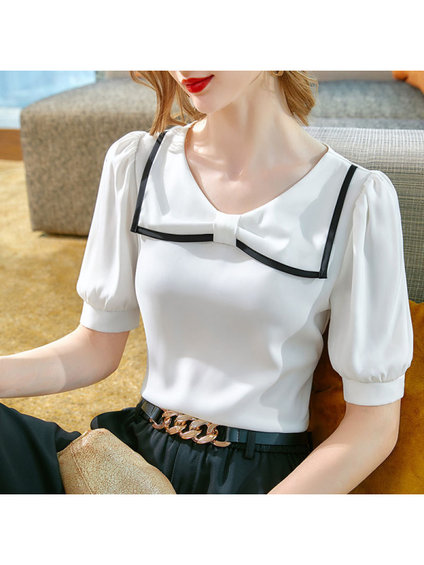 Ceba短袖雪纺衫女夏2022新款女装洋气丝滑缎面小衫撞色减龄娃娃领上衣
