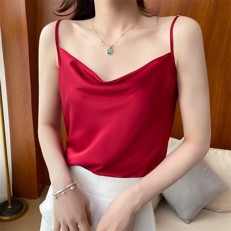 dbmg夏季内搭背心大码外穿上衣法式桑蚕丝单肩荡领露背冰丝吊带