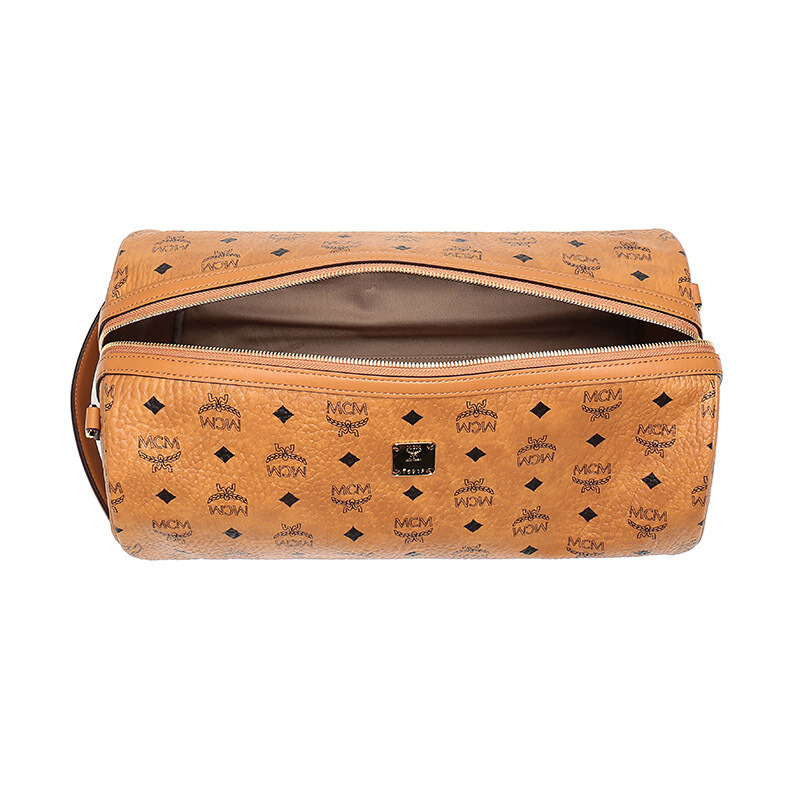 mcm女士干邑色黑色logo图案涂层帆布圆筒型手提单肩斜挎包手拿包mmras