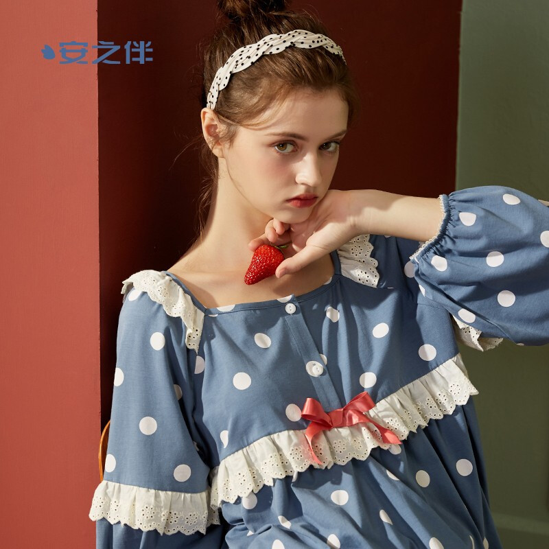 安之伴睡衣女秋棉质少女家居服弹力针织印可爱少女小圆点可外穿长袖女套装