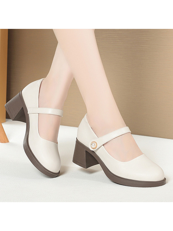 妈妈鞋浅口单鞋女玛丽珍百搭小皮鞋圆头粗跟软底软皮优雅女士皮鞋