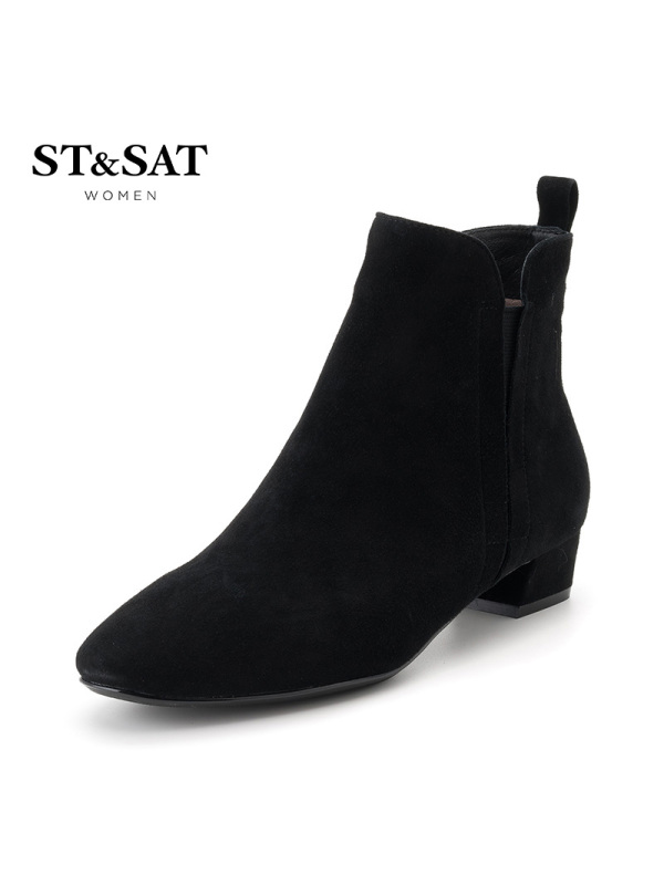 星期六(ST&SAT)18年新品专柜同款羊反绒圆头中跟粗跟时尚短靴女SS84116104