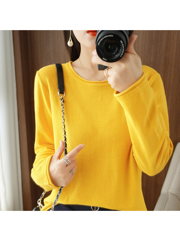 新款秋季棉线针织衫女圆领卷边套头纯色宽松大码打底衫