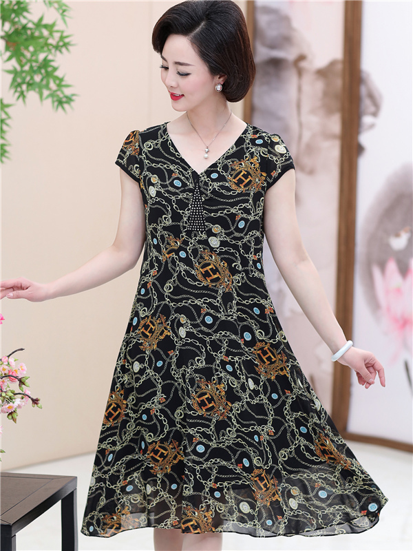 猫人miiow中老年女装连衣裙夏季长裙中年妇女夏装套裙印花雪纺裙妈妈