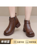 秋冬季新款女式棉靴粗跟软底复古头层软牛皮中跟女靴圆头短靴