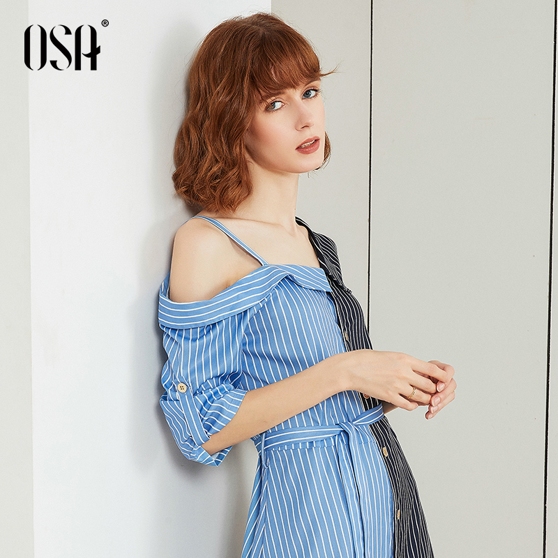 OSA欧莎条纹一字肩衬衫连衣裙女夏2019新款露肩吊带衬衣裙