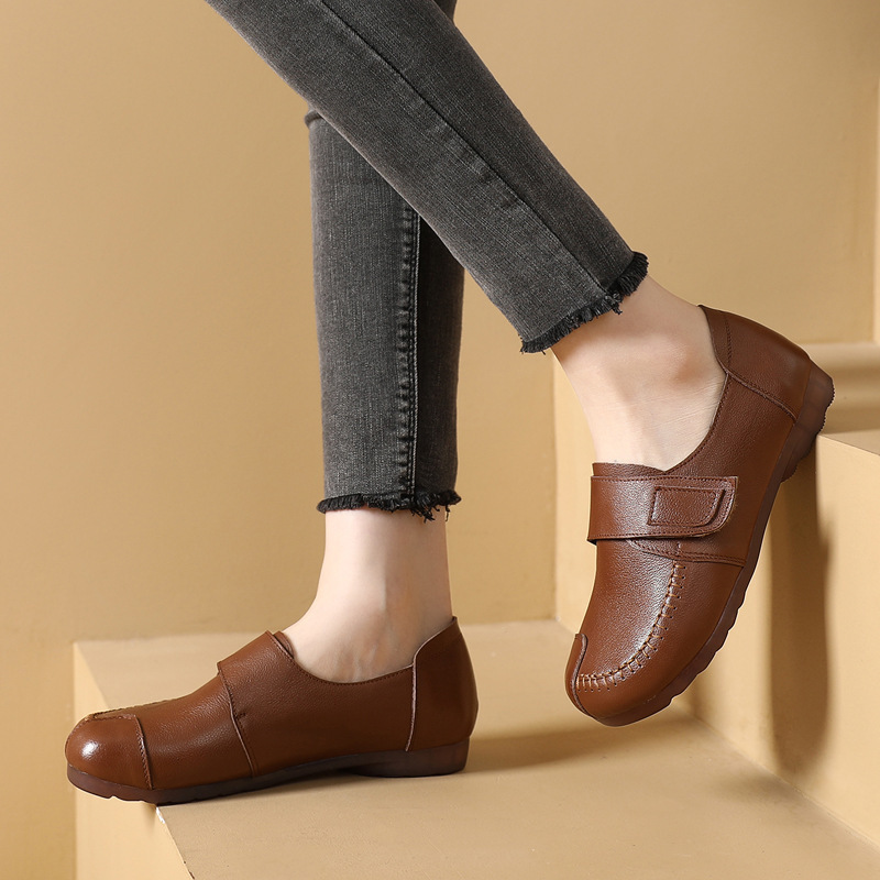 brookings大码头层牛皮魔术贴中口平底乐福鞋一脚蹬妈妈鞋大码工