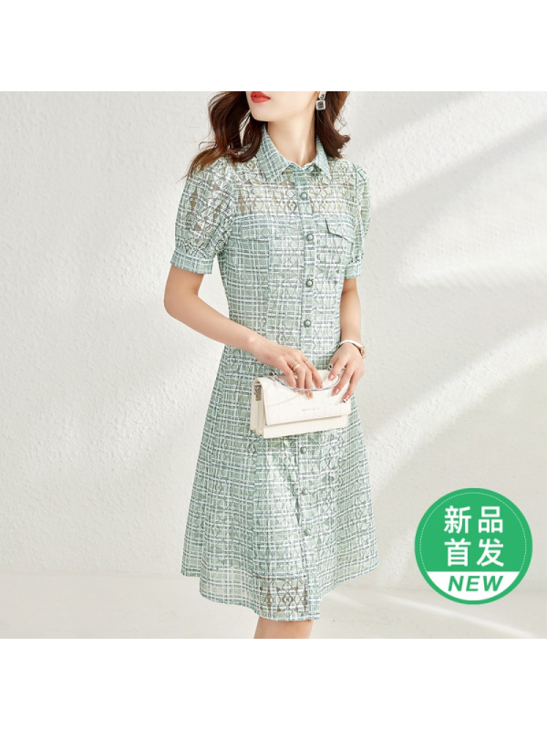 OUNIXUE欧昵雪 | [复古印花蕾丝裙]夏季浪漫翻领短袖时尚修身女式显瘦A字裙