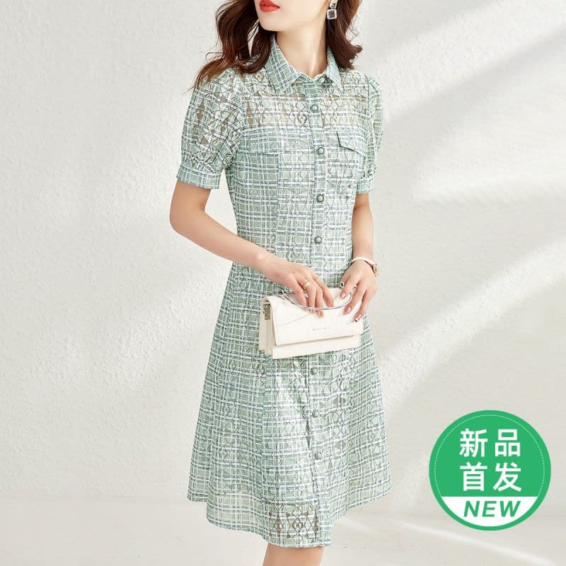 OUNIXUE欧昵雪 | [复古印花蕾丝裙]夏季浪漫翻领短袖时尚修身女式显瘦A字裙图片