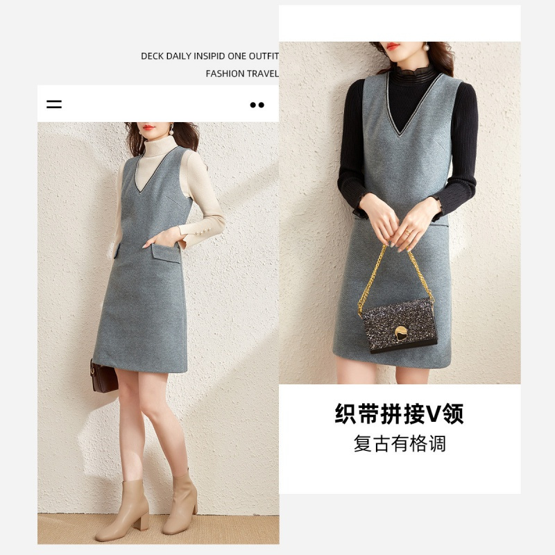 OUNIXUE欧昵雪 | [简约毛呢背心裙]秋冬季复古织带装饰V领口袋修身连衣裙女