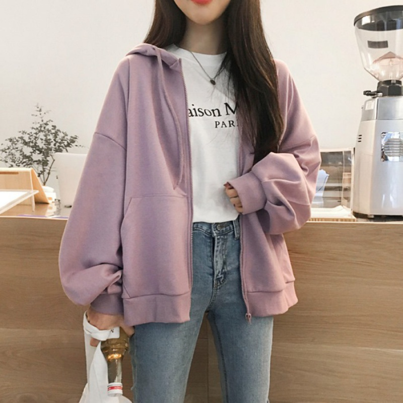 连帽卫衣女拉链开衫秋冬BF休闲运动上衣宽松百搭加绒卫衣外套