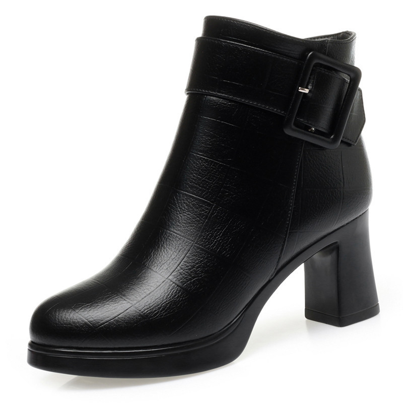 短靴女冬新款防水台高跟时装女靴子棉鞋粗跟加绒女士皮靴中年棉鞋