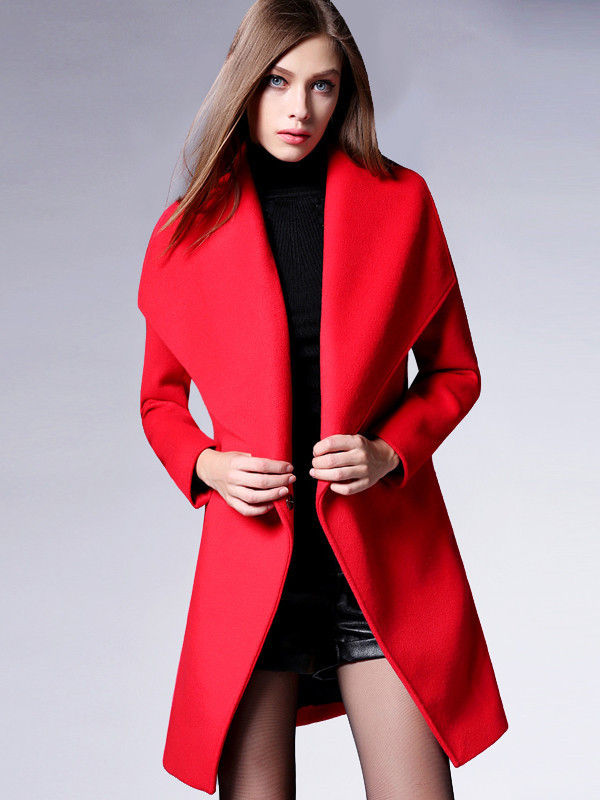 zarakara冬装新款女装大红色大翻领羊毛呢大衣呢子外套女中长