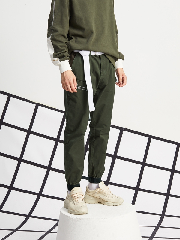 黑鲸字母印花束口休闲裤秋季男装织带装饰长裤男CKCAJ38113A