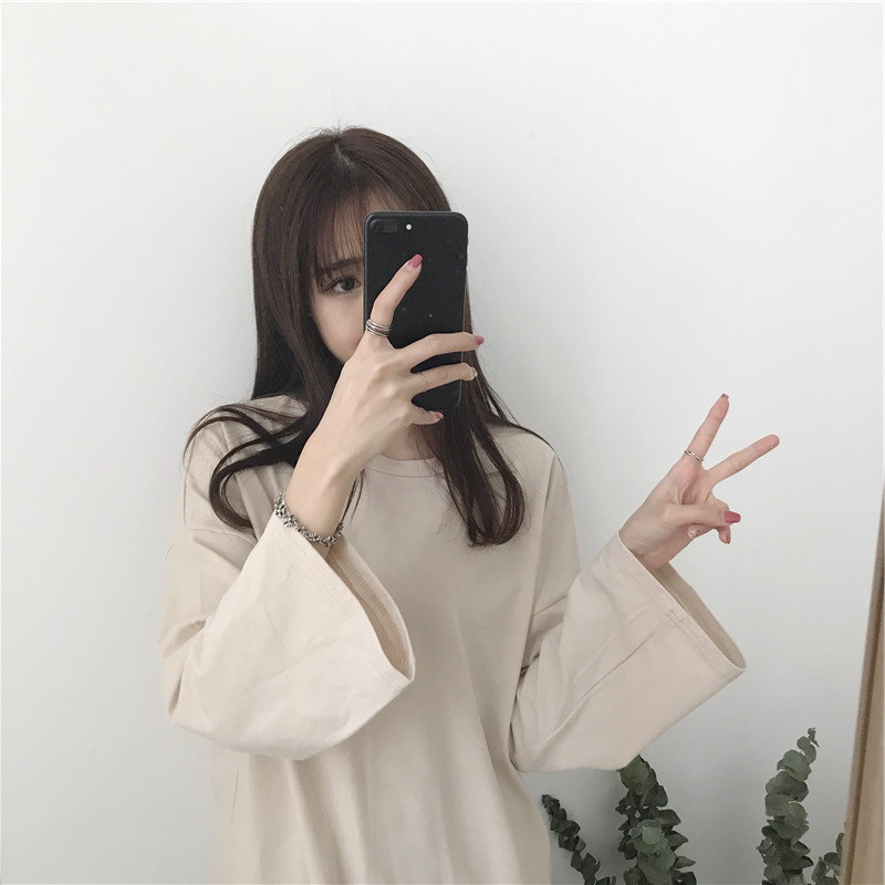 女装秋冬韩版新款纯色圆领长袖T恤女宽松百搭打底衫上衣