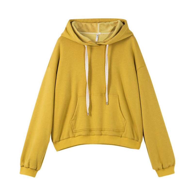 茵曼2019春装新款连帽抽绳插兜宽松落肩袖短款套头抓绒卫衣