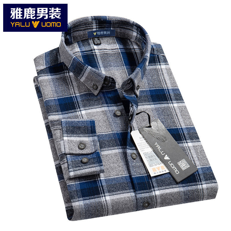 雅鹿男装长袖衬衫男2019秋季上新纯棉格子舒适百搭青年长袖男士衬衫A11019064