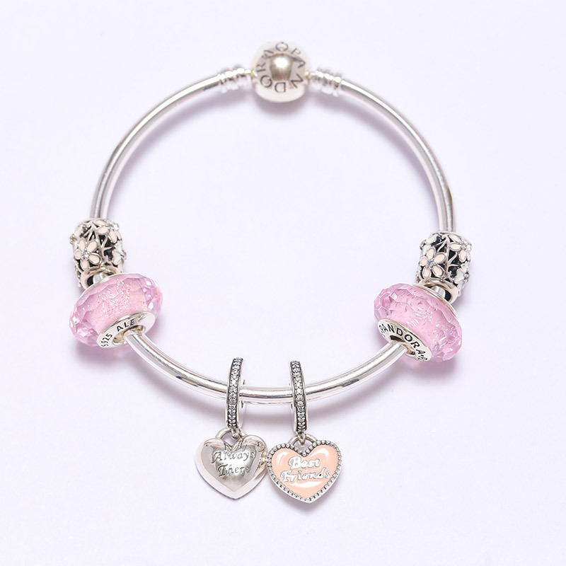 PANDORA潘多拉 粉色诗花绽放 Best Friends吊坠 串珠串饰手链