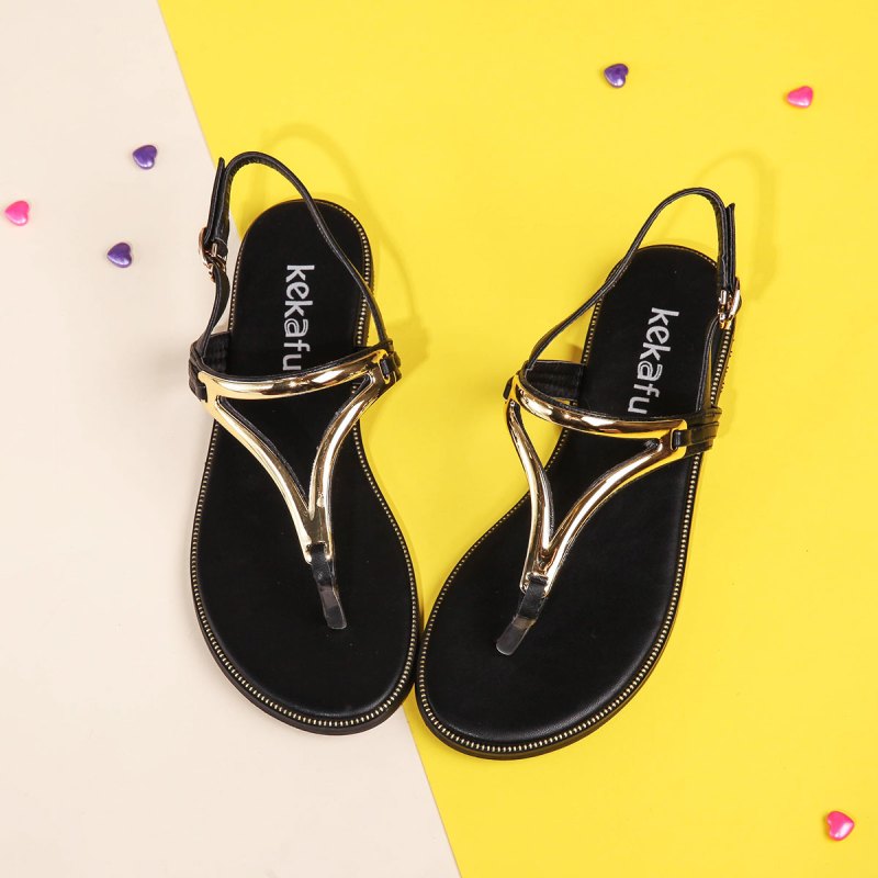 珂卡芙夏季新款平跟时尚罗马风露趾凉鞋夹趾一字扣女款凉鞋女