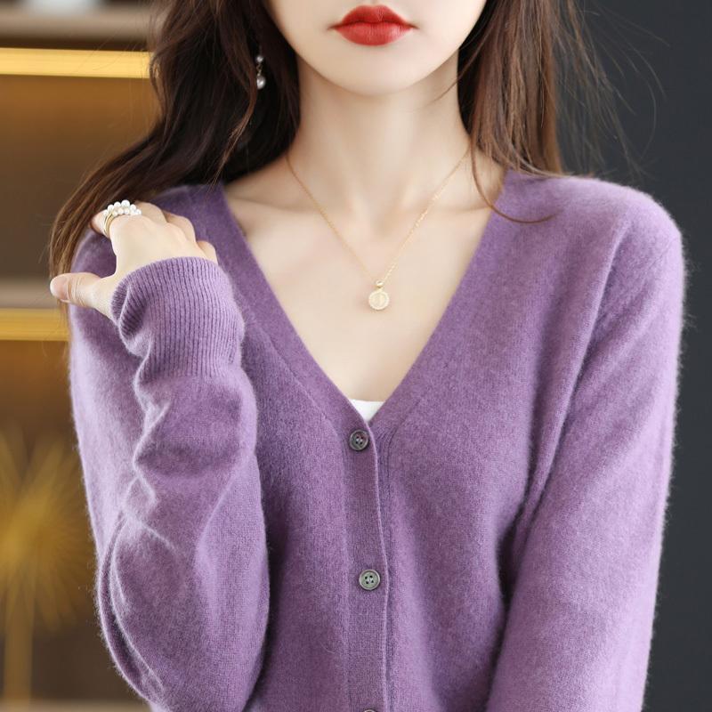 早春新款非羊绒开衫女V领长袖宽松显瘦秋冬季毛衣打底针织衫外套