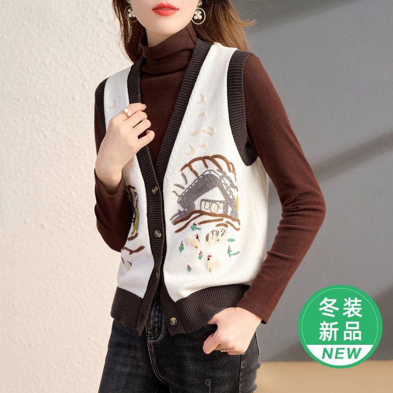 OUNIXUE欧昵雪 | [罗纹拼接V领毛衣马甲]秋冬季宽松针织衫背心上衣女士马夹