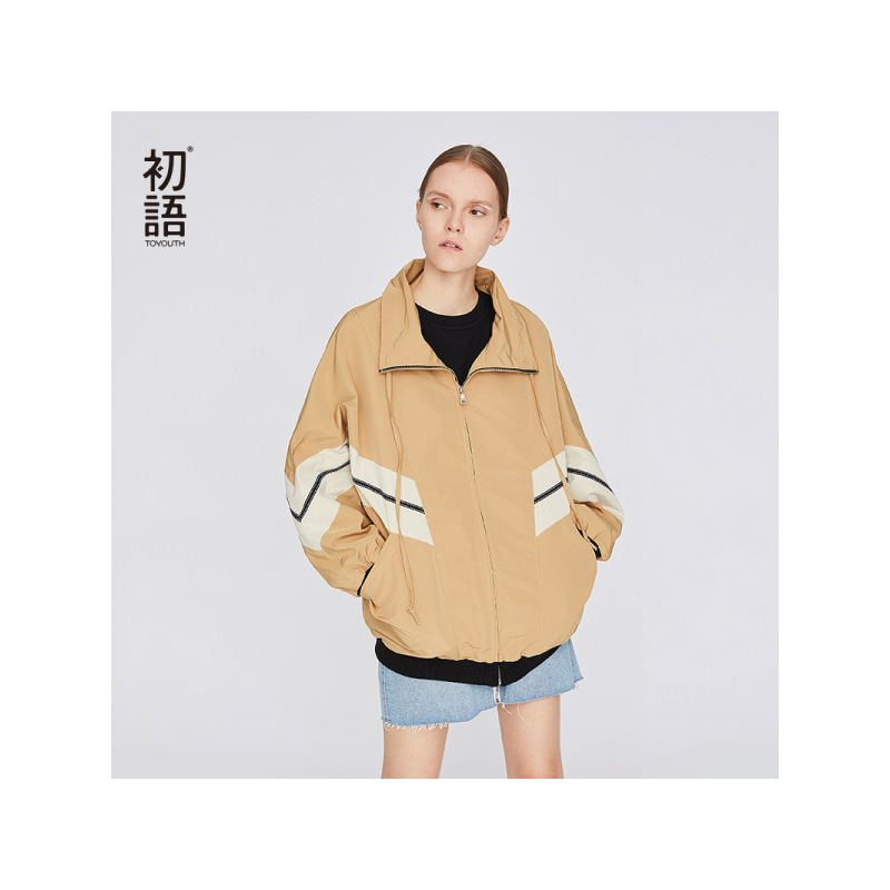 初语复古撞色条纹拼接蝙蝠袖拉链宽松翻领短外套女