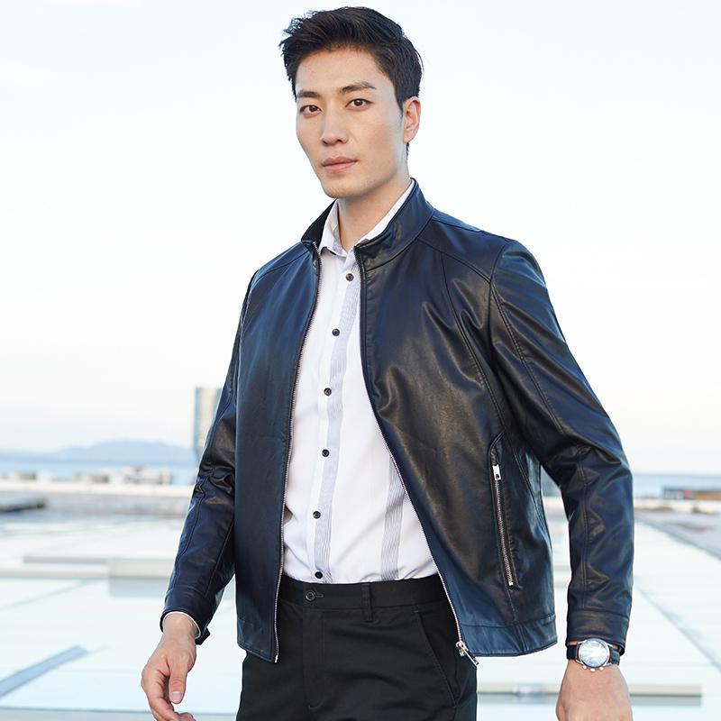 tries才子男装黑色立领皮衣男2020秋新款修身商务休闲机车pu皮夹克