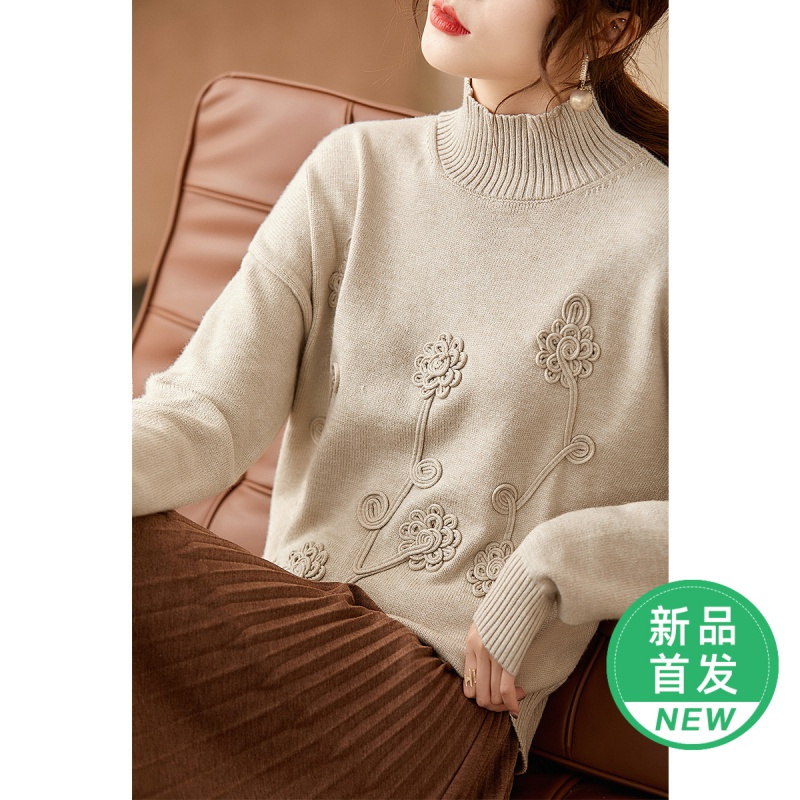 OUNIXUE欧昵雪 | [复古半高领盘花针织衫]温柔套头长袖打底衫女休闲上衣