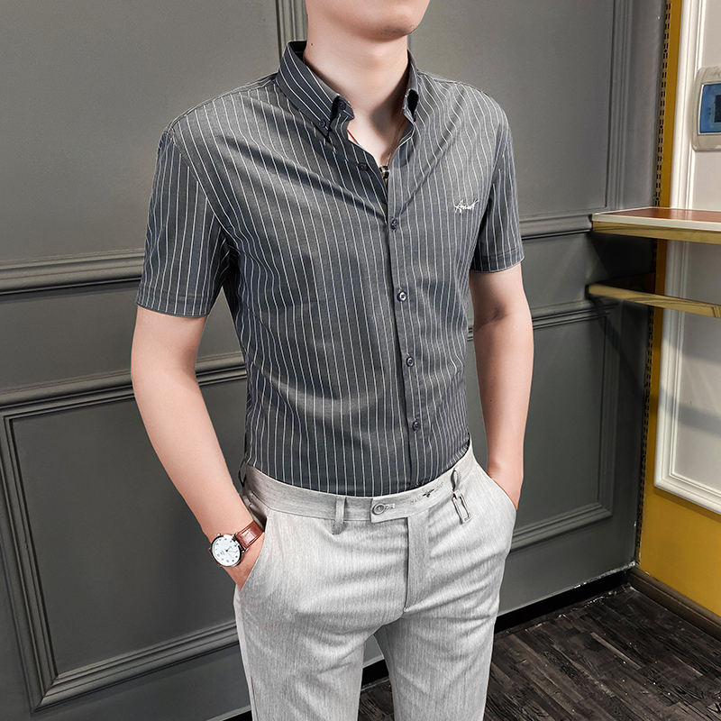 铂瑟条纹衬衣男短袖帅气夏季韩版修身刺绣衬衫商务英伦