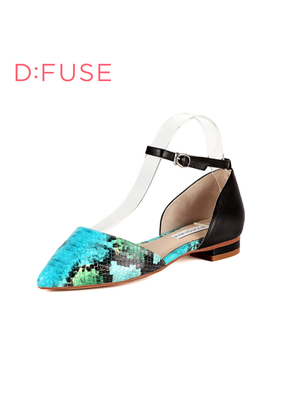 D：Fuse/迪芙斯蛇纹羊皮尖头中空拼接低跟舒适女鞋DF61113013