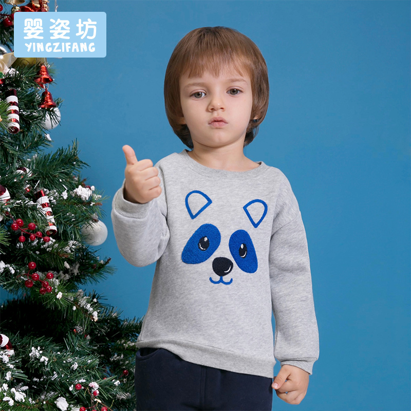 婴姿坊正品童装 女童加绒小熊绣花T恤衫可爱圆领长袖打底衫