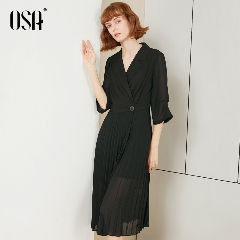 OSA欧莎黑色百褶连衣裙女夏2019新款时尚OL职业气质西装裙子超仙