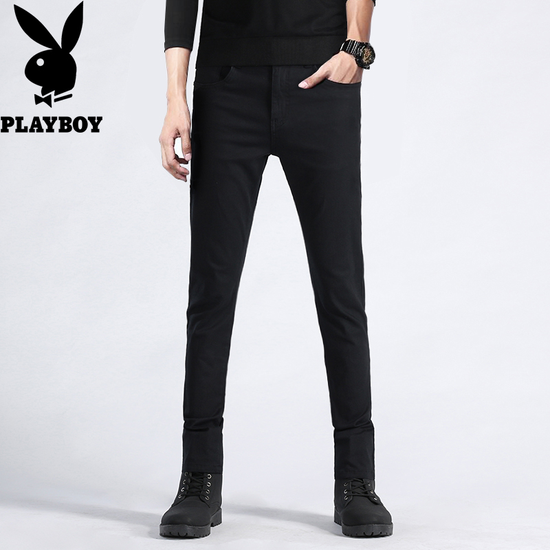 花花公子(PLAYBOY)男士休闲裤黑色 修身小脚裤男生弹力韩版夏季裤子潮帅气