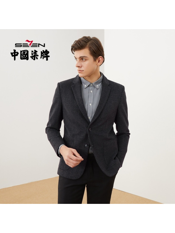 柒牌男士西服单西商务休闲复古青年弹力修身暗格纹西装外套上衣潮